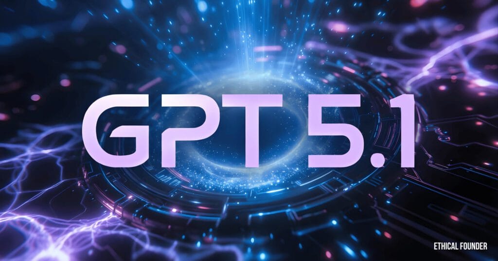 Cinematic sci-fi graphic of GPT 5.1 text glowing in Ethical Founder brand colors with futuristic AI elements. Ethical Founder website, Who is Ethical founder, GPT 5.1 updates, Chat GPT Updates, Latest Ethical Founder, Top Ethical Founders List, The best Ethical AI Business In the world.