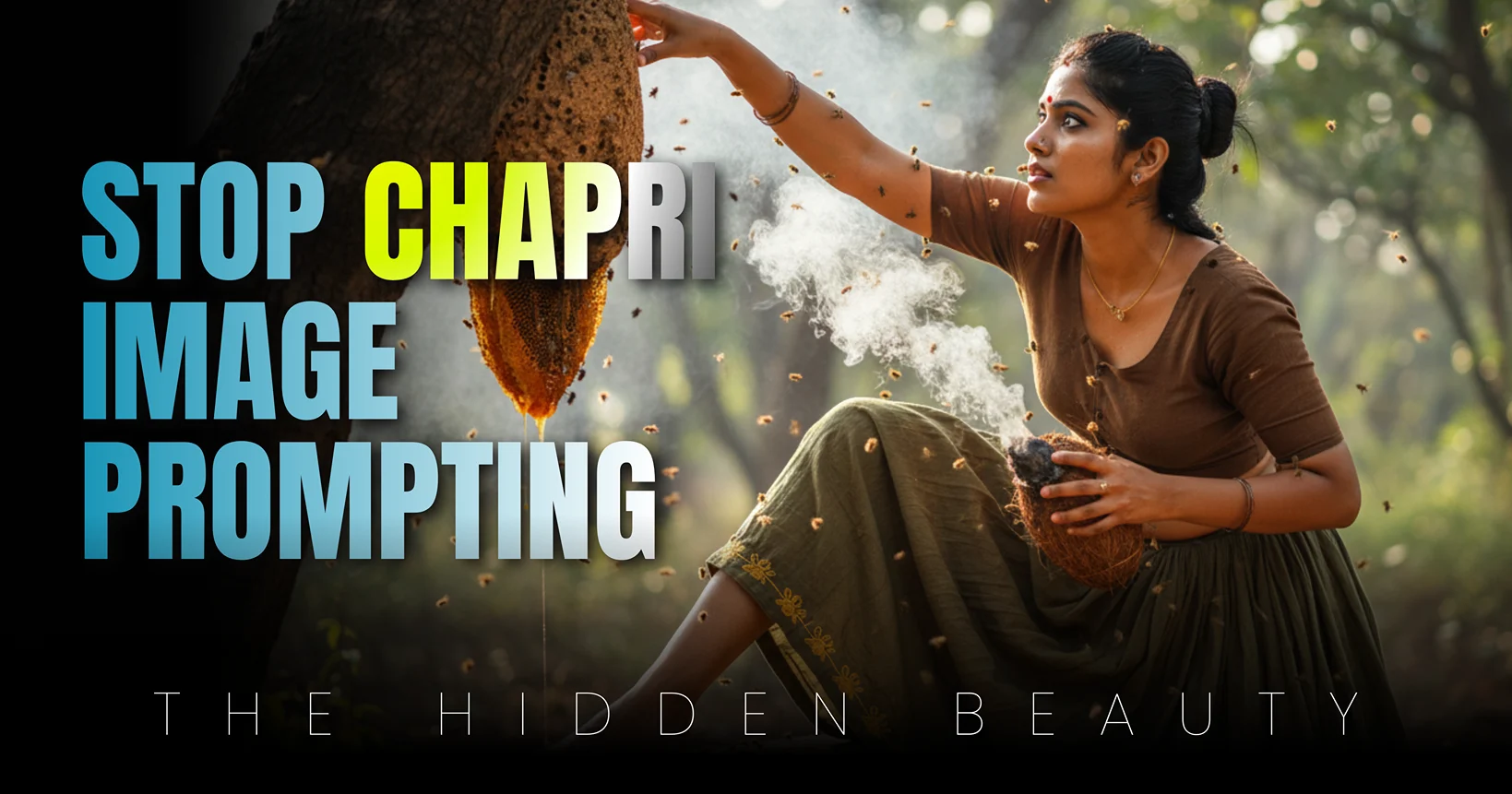 A moody Gemini 3 National Geographic style image of honey harvesting in a forest, featuring atmospheric smoke, volumetric sunlight rays, and detailed swarm rendering using Sony CineAlta presets.