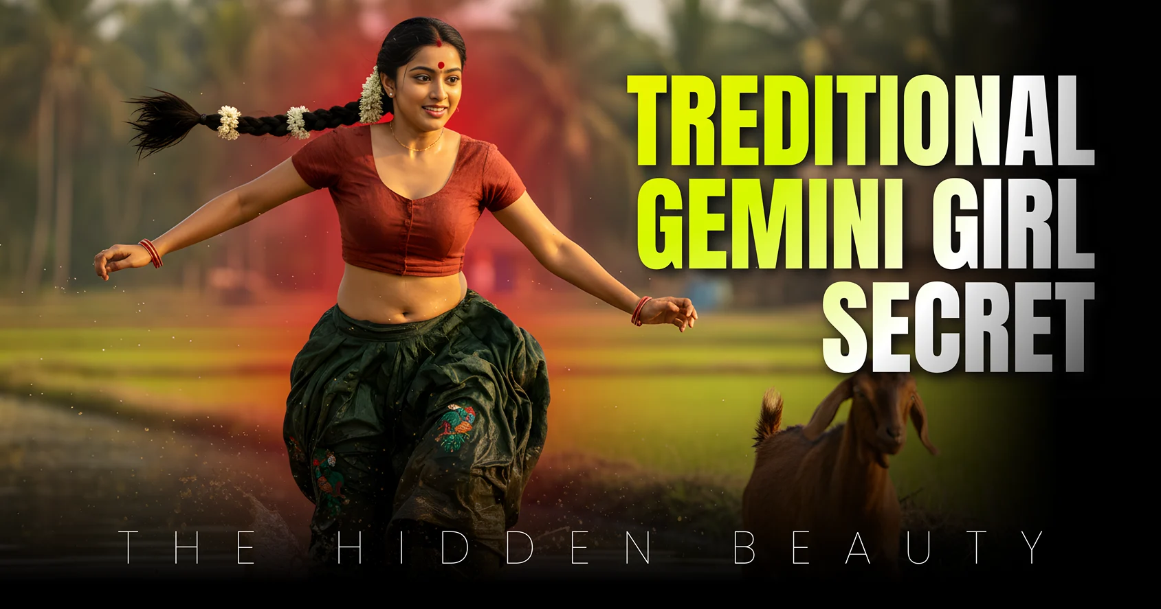 Gemini AI Action shot generating a high-speed scene of an Indian village girl racing a goat, featuring realistic water splash physics and motion-frozen expressions captured with Arriflex 435 camera simulation.