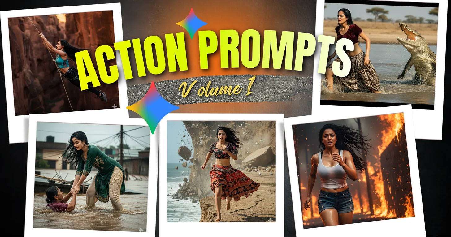 Best Copy Paste Gemini AI Photo Prompts for generating hyper-realistic, Cinematic Lighting and Dynamic Action Shot photography of an Indian woman, proving advanced photo editing hacks.