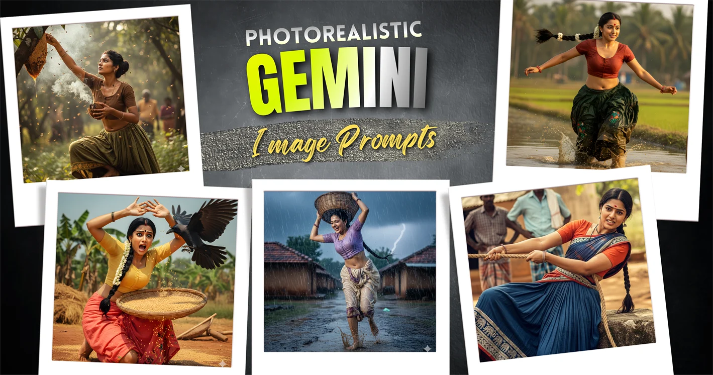 A grid collage displaying 6 hyper-realistic Gemini 3 National Geographic style generated images of rural Indian life, showcasing action shots, candid emotions, and cinematic lighting physics.
