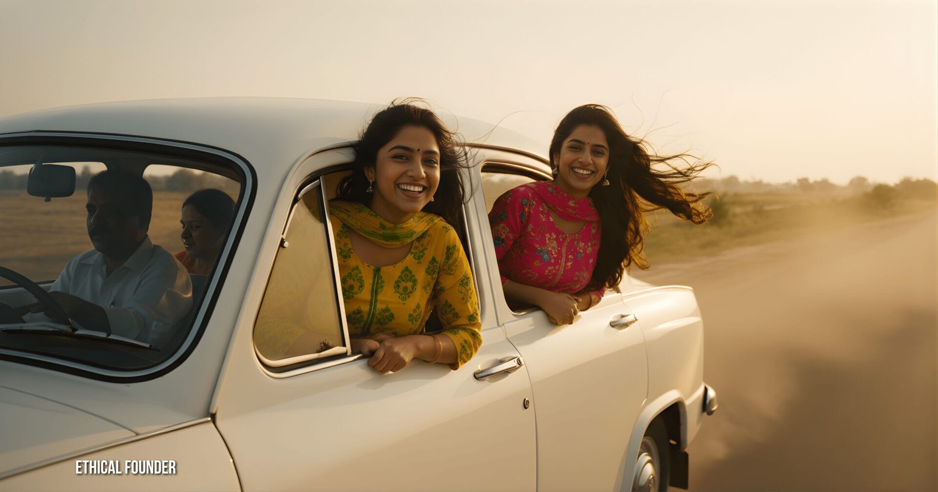 Two South Indian women leaning out of white Ambassador car rear windows during family Sunday drive, wind in hair joyful expressions, 1990s middle-class family outing nostalgia, ethical AI generated by Ethical Founder team, vintage automotive memories. Ethical Founder mission, AI ethics in cultural content, Indian family memories, Ambassador car nostalgia, ethical AI practices, 90s Indian middle-class culture, responsible AI generation.