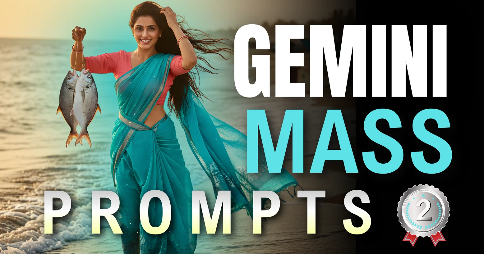 Hyper-realistic Gemini 3 portrait of a proud Indian village woman walking on the beach with a fresh fish catch at sunset. Indian Village Woman Portrait