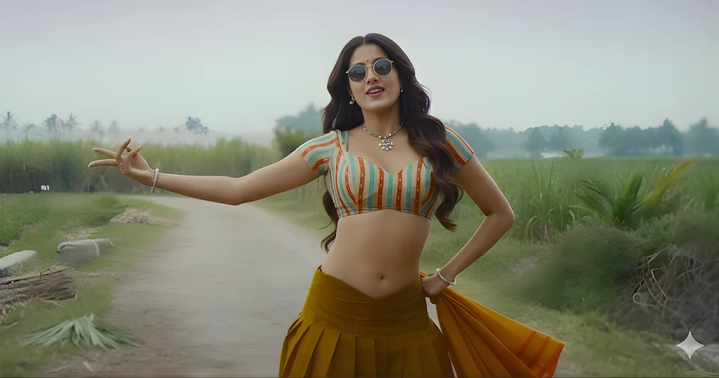 Chikiri Chikiri Gemini AI photo editing prompts for girls copy paste showing Peddi song village dance transformation with striped blouse mustard yellow saree sunglasses energetic pose on rural road background using Gemini Image Editor tutorial
