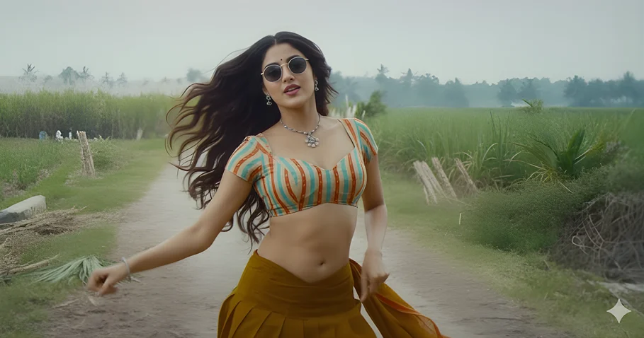 Chikiri Chikiri mustard yellow saree dance pose created with Gemini AI photo prompt