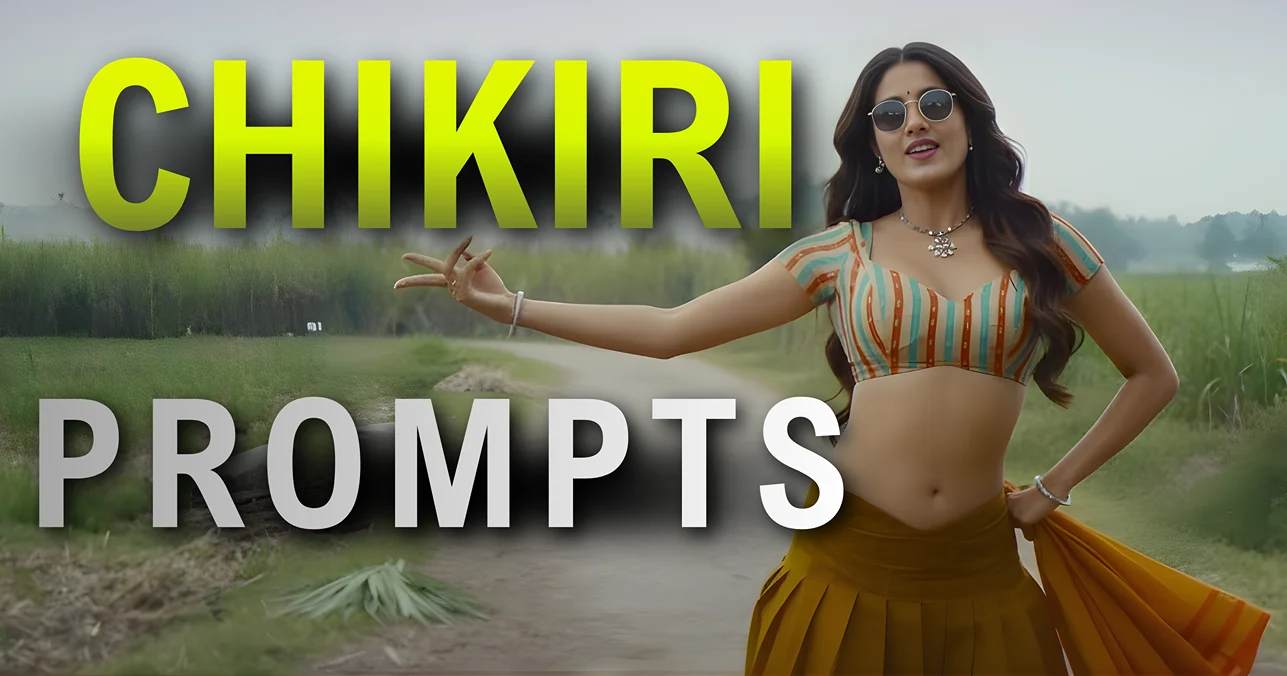 Chikiri Chikiri Gemini AI photo editing reference image showing village dance pose with striped blouse and yellow saree