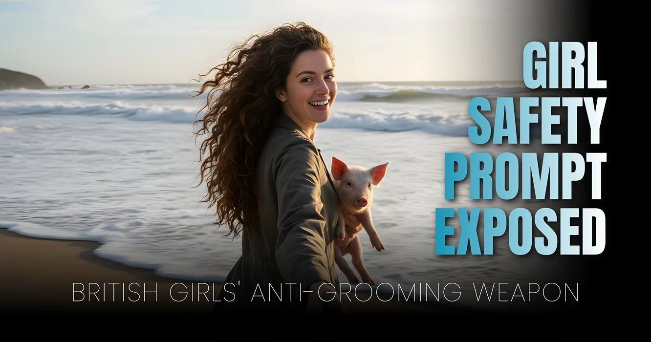 A British woman with curly hair running on a Cornwall beach, holding a piglet. Text on the right reads "GIRL SAFETY PROMPT EXPOSED" and below "BRITISH GIRLS' ANTI-GROOMING WEAPON."