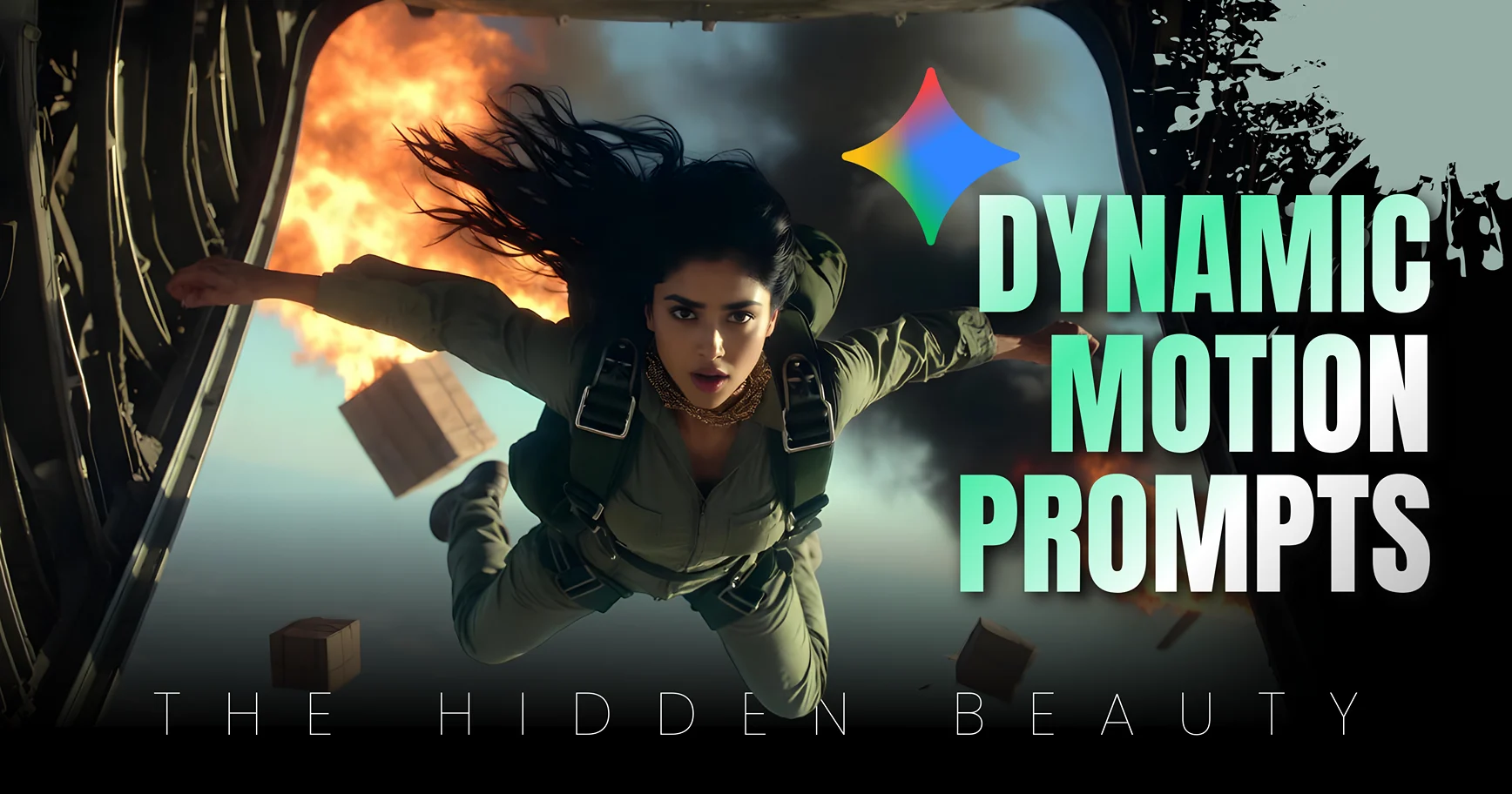 Hyper-realistic Gemini Dynamic Action Shot Prompts of Indian woman mid-air emergency jump from burning cargo plane at 1/8000s shutter speed, proving technical expertise