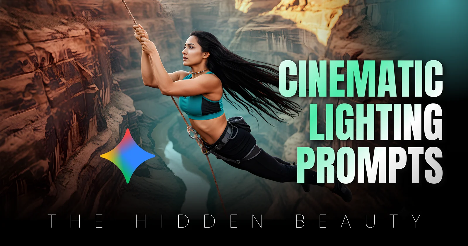 Photorealistic Copy Paste Gemini AI Photo Prompts for Girls and women, canyon rescue, focusing on vertical depth and freezing dynamic action with cinematic lighting.