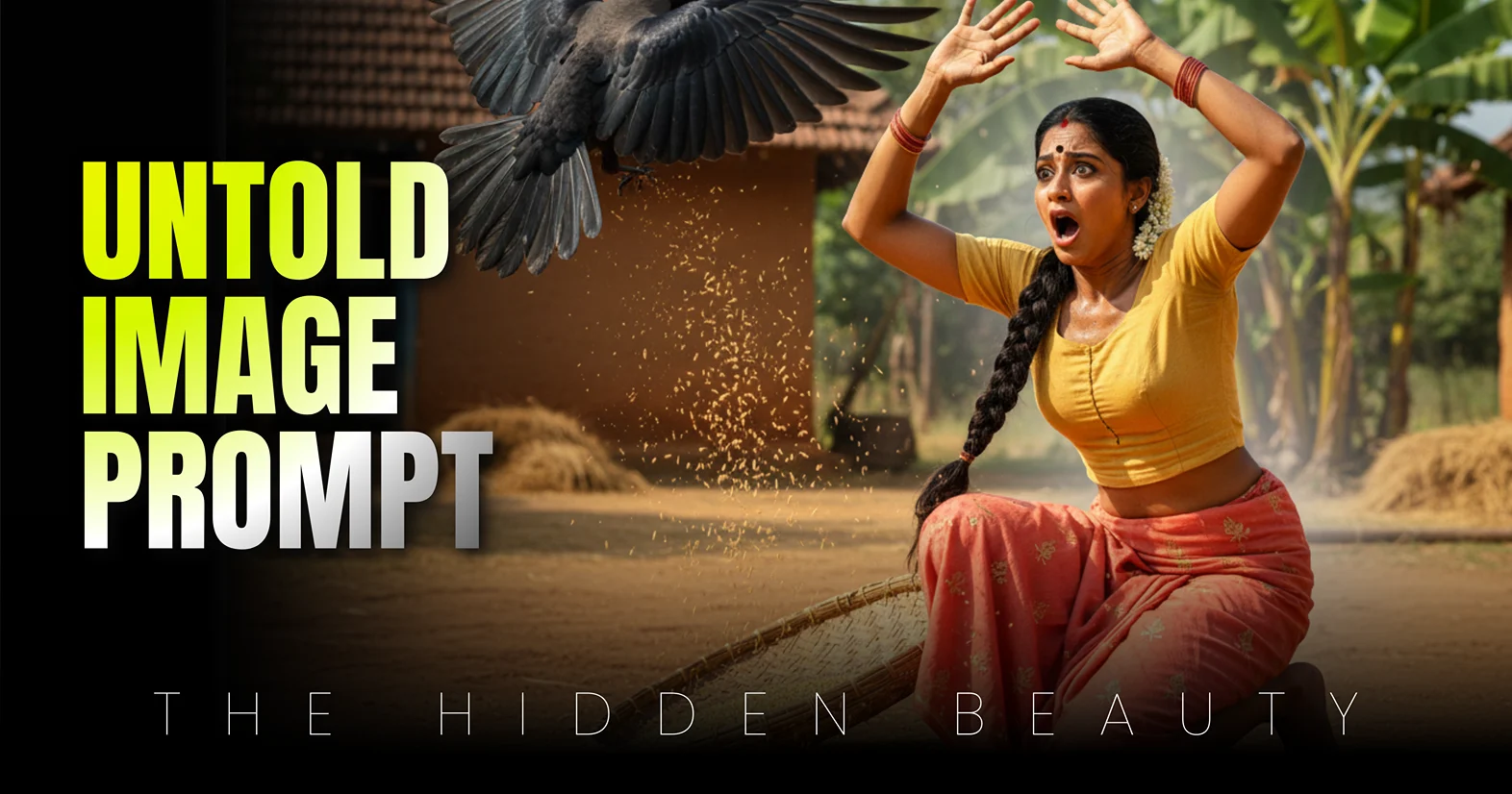 A dynamic Gemini AI action shot of a woman ducking from a swooping crow, showcasing split-second defensive reflexes, falling grain particles, and realistic fearful expressions in high definition.