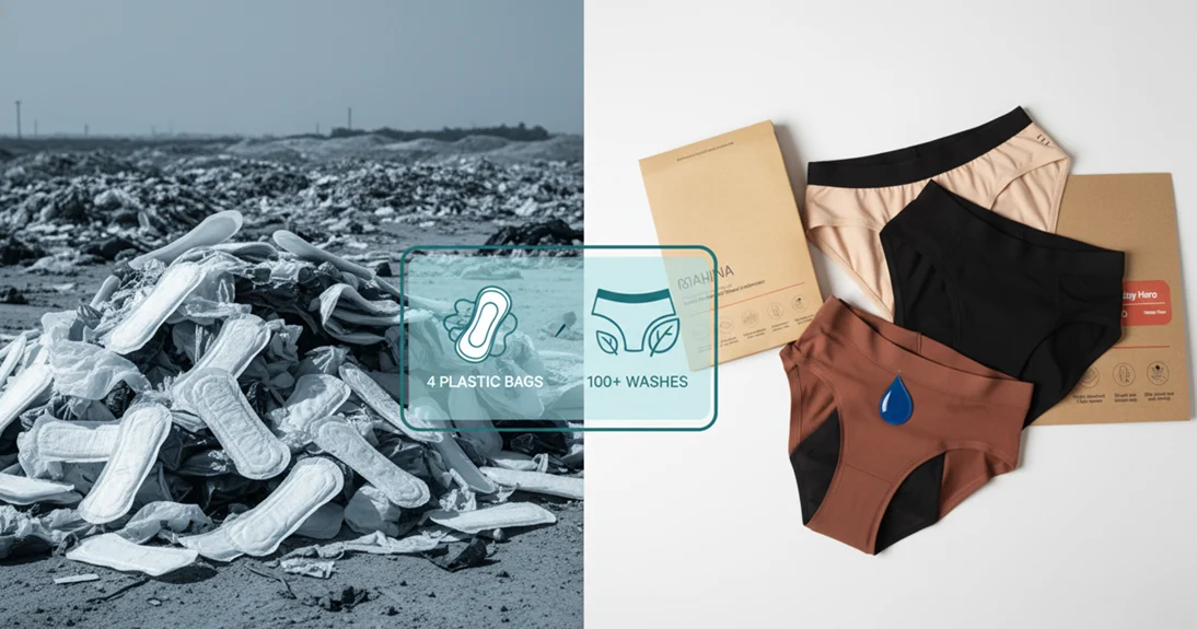 Visual comparison of sanitary pad landfill waste vs. Mahina reusable Period Underwear, promoting Natural Period Products India.