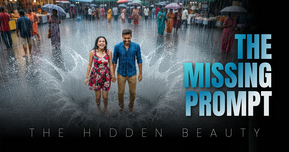 Copy-paste Google Gemini AI cinematic rain photo prompts result: Indian couple jumping into a market puddle with a frozen splash.