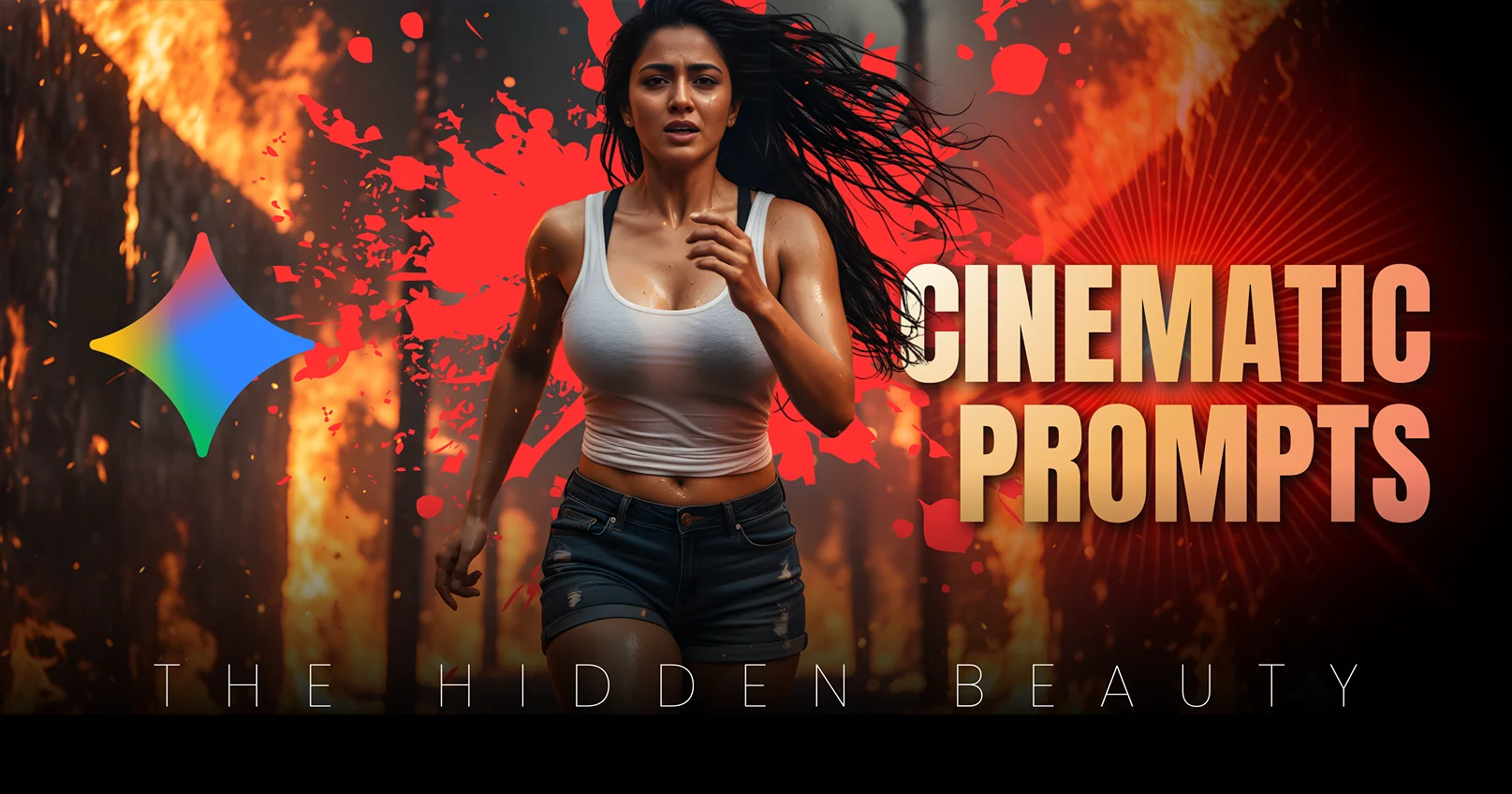 Hyper-realistic Gemini AI Photo Prompt of Indian girl escaping wildfire inferno, showcasing cinematic lighting prompts and 1/6400s dynamic action shot physics