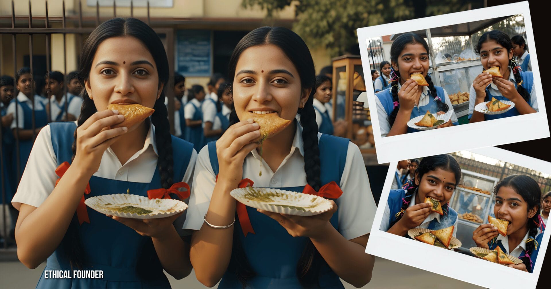 Two Indian schoolgirls in uniform biting hot samosas at school gate vendor stall, steaming street food with green chutney, 1990s after-school food culture, ethical AI generated by Ethical Founder, authentic Indian street food nostalgia.