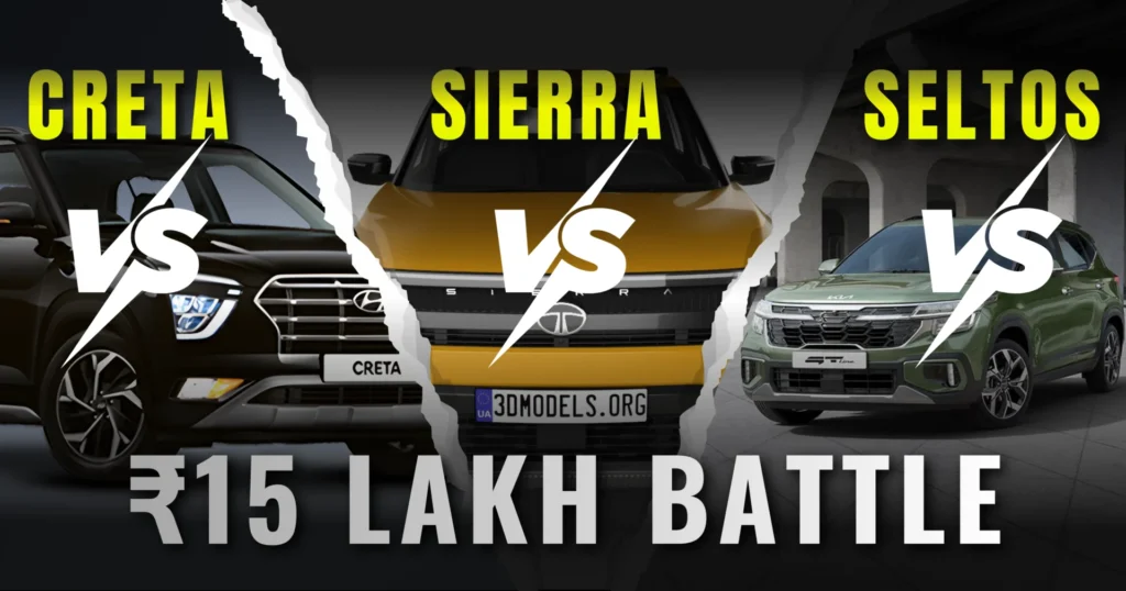 Sierra vs Creta vs Seltos 2025 comparison showing Tata Sierra price advantage with triple screen features against Hyundai Creta and Kia Seltos mid-size SUV India. Ethical Founder Research Wing