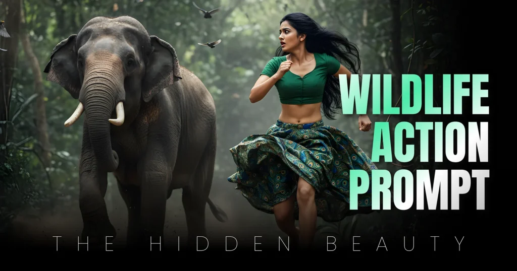 Hyper-realistic Indian woman sprinting from elephant charge jungle, Sony A1 8K high-speed Gemini AI Image Generator cinematic photography prompt
