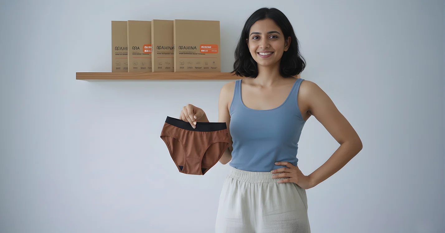 Happy woman holding Mahina Period Panties, a comfortable and stylish Alternative to Sanitary Pads.