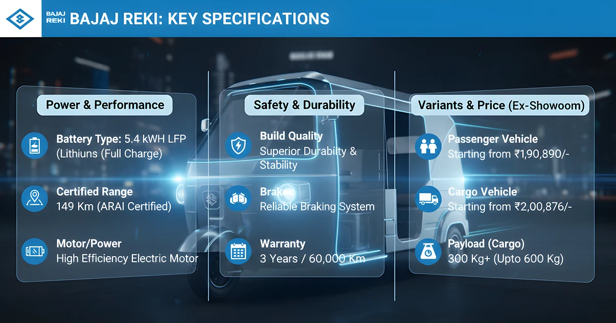 Detailed specifications and price chart for the Bajaj REKI Electric Auto and Cargo vehicle, featuring Bajaj REKI Battery Details and range.