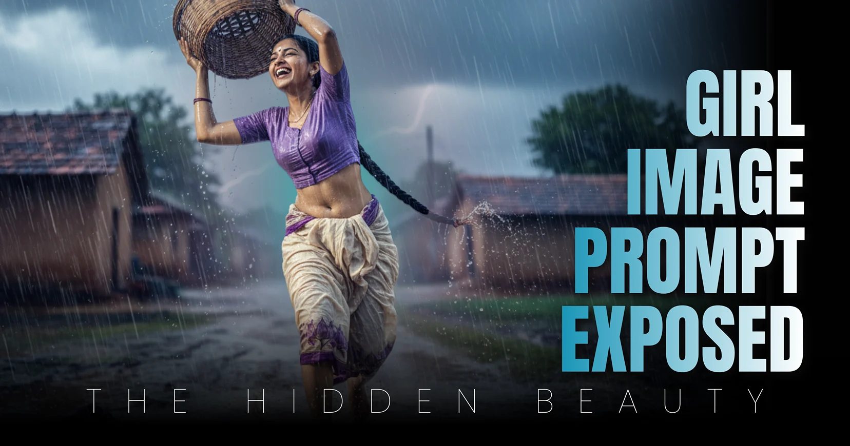 Gemini 3 candid photography prompt capturing a laughing woman running through monsoon rain, demonstrating wet fabric transparency and silver backlight rain streaks using RED One MX color science.