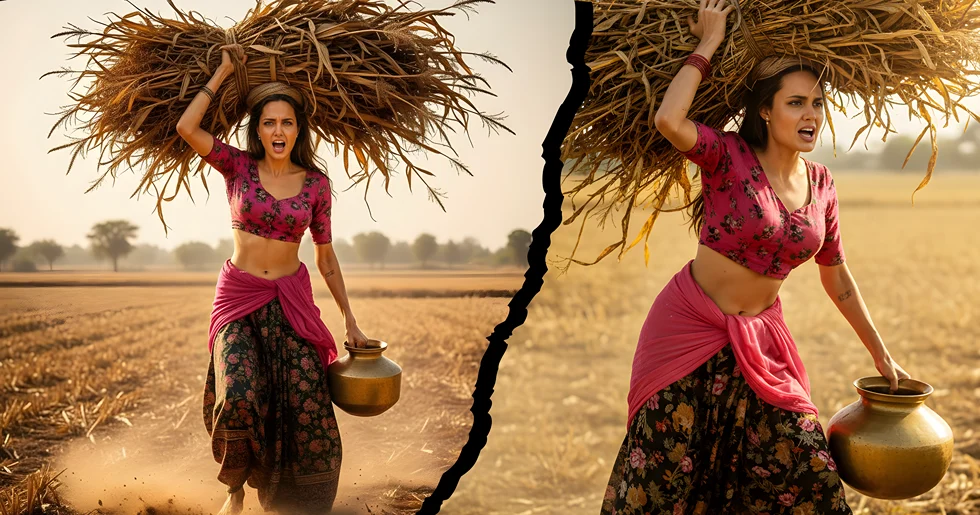 Full body shot of a determined Angelina Jolie carrying a hay bundle and brass pot in a dusty field, created using Gemini AI Photo Editing Prompts for an authentic rural Angelina Jolie Indian film aesthetic.
