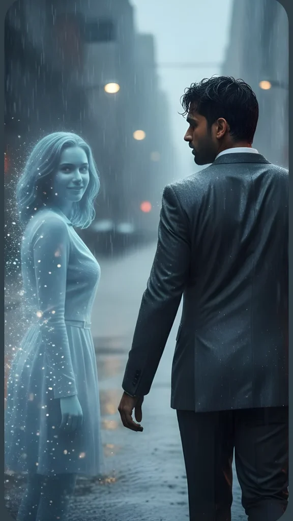 Gemini prompts for ex girlfriend: A photorealistic cinematic medium shot of a boy in the rain reaching for a dissolving holographic figure of his ex.