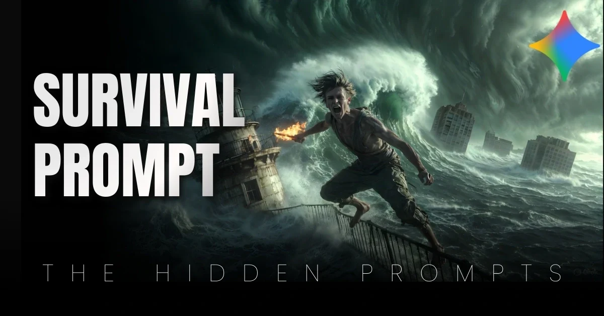 Gemini AI photo of fair man leaping onto lighthouse railing, giant wave behind, flaming torch, drowned Manhattan, 8K ultra-real