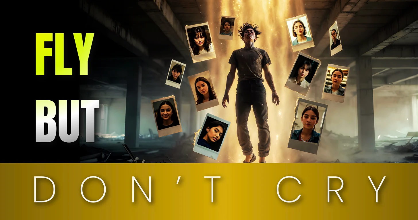 Surreal levitation photo: Sad boy floating with his ex's photos orbiting him, generated by Free Gemini AI photo prompts for cinematic look.