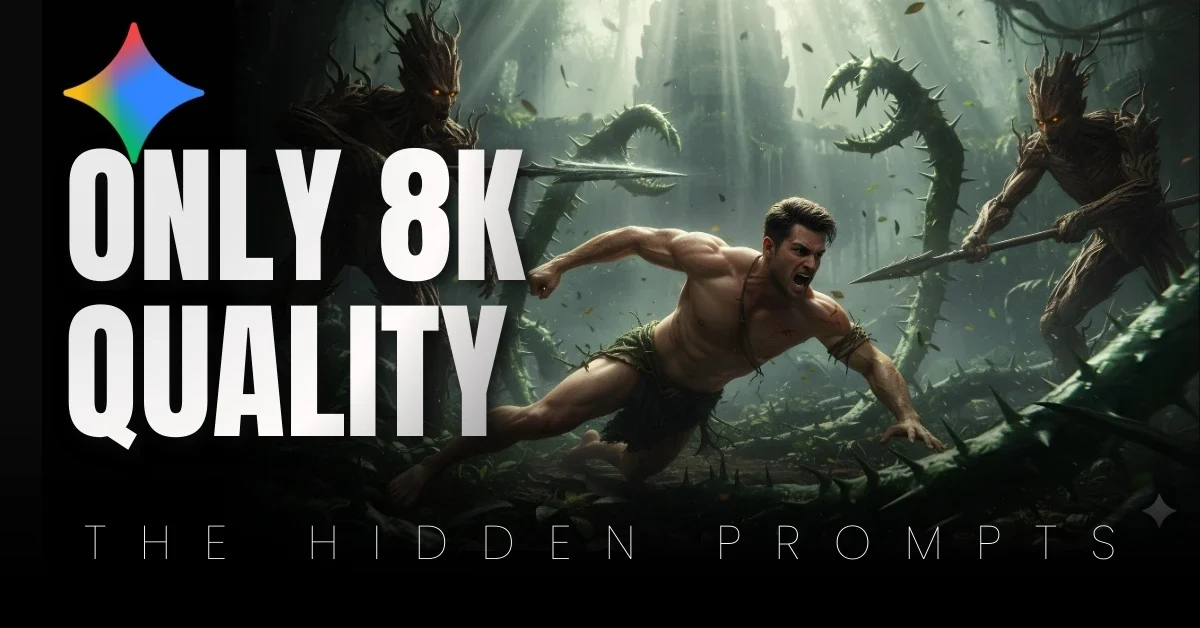 Gemini AI image of twenty-year-old boy in loincloth diving from snapping thorn-vines, Angkor temple, 8K photorealistic.