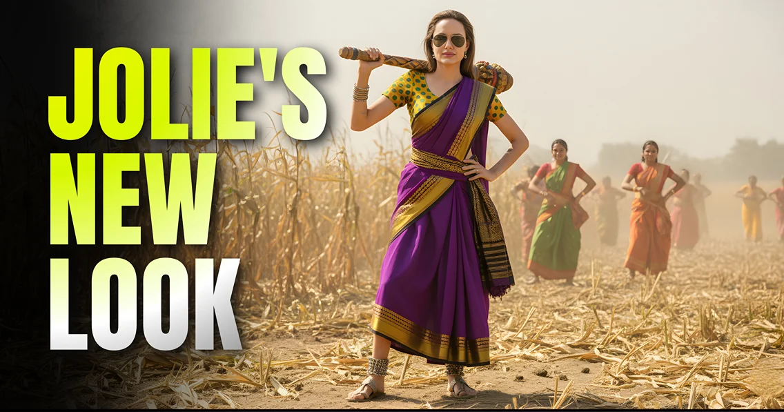 Angelina Jolie in a vibrant purple Gemini AI Saree Prompts look, holding a stick in a dynamic rural festival dance pose while wearing sunglasses, epitomizing the celebrity image prompt style