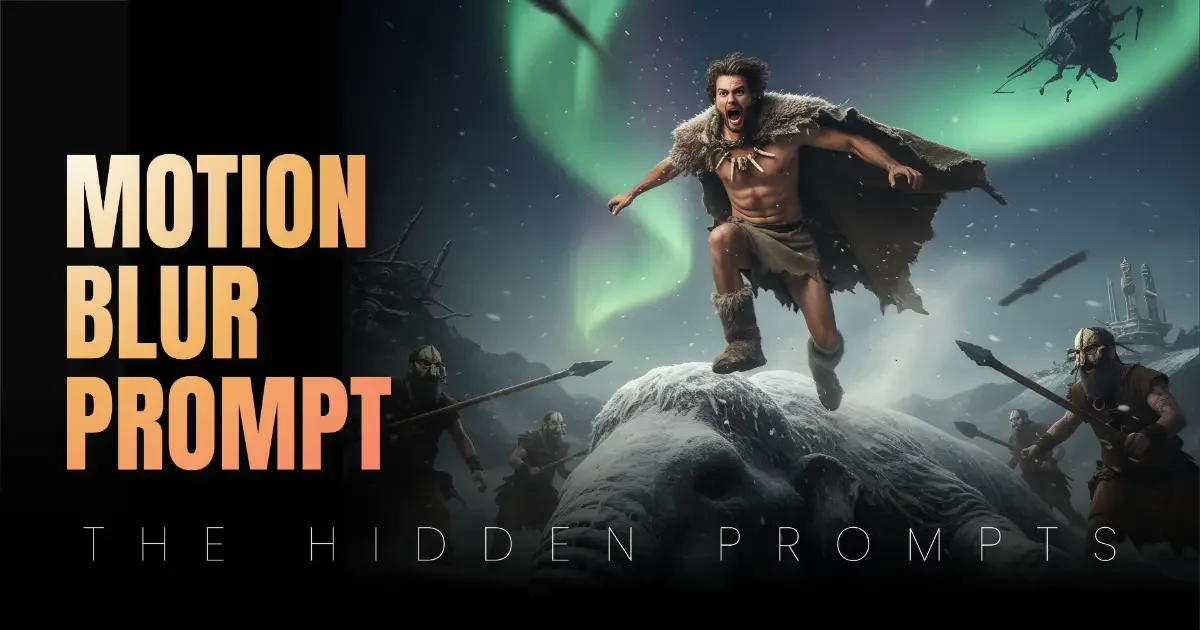 FREE Google Gemini AI Image Prompt result showing a man vaulting a mammoth with spears flying under the aurora, demonstrating successful 'Motion Blur Prompting'.
