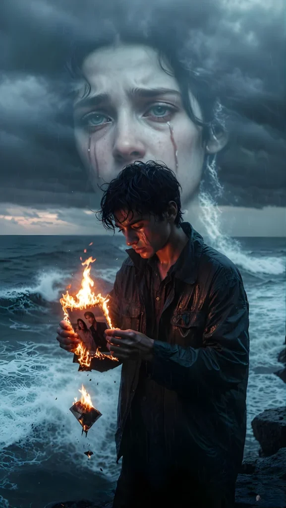 The latest gemini prompt for sad boy edits: A heroic wide shot of a boy on a cliff, with a holographic ex-girlfriend rising from the tumultuous ocean.