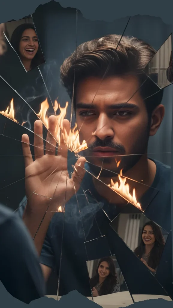 The latest gemini prompt for sad boy effect: An intense close-up of a man staring into a cracked mirror, where the fragments ignite with fire and smoke.