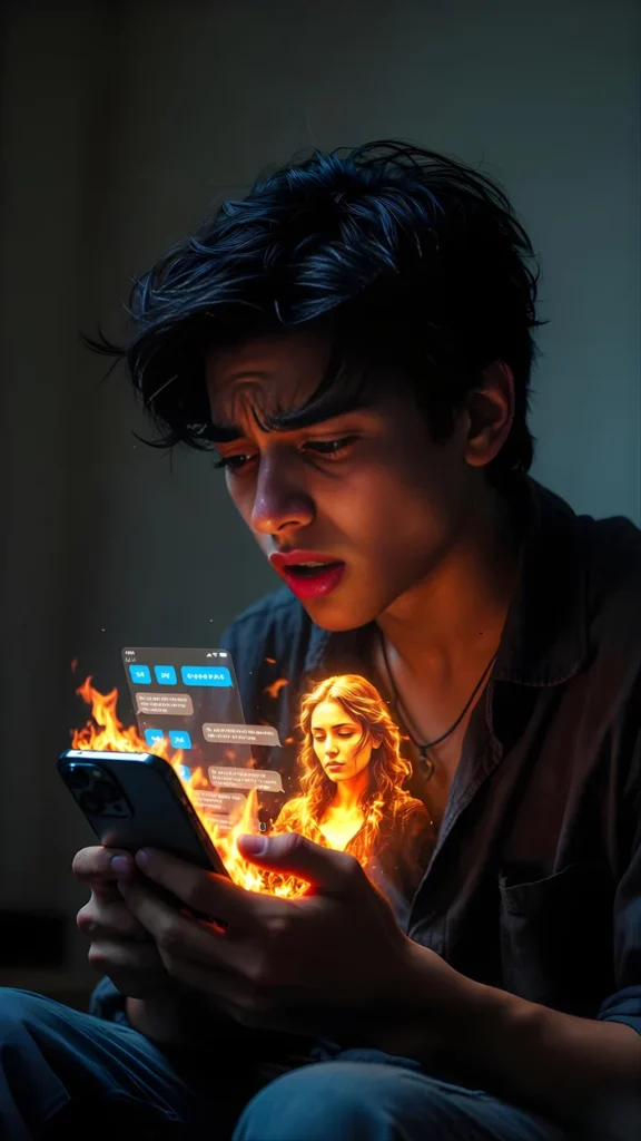 A viral copy paste gemini prompt showing a close-up of a boy's phone with blue ticks turning into a holographic figure of his ex-girlfriend made of fire.