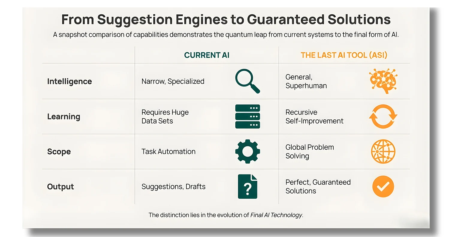 Current AI vs The Last AI Tool (ASI) comparison table – from narrow AI to superhuman recursive self-improvement by Elon Musk xAI