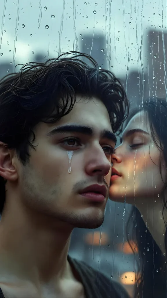 Sad boy holographic image: A melancholic close-up showing a boy looking through a rain-streaked window, with his reflection showing a ghostly kiss.