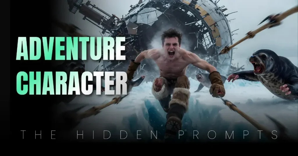 Epic Young Man AI Image on Ice with Mutated Seals, showing action and a Motion Blur Gemini AI Image effect. Free Copy-Paste AI Photo Prompts: Custom Gemini Prompts for Action.