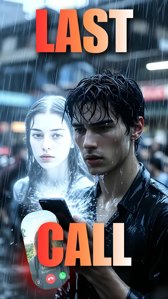 Cinematic portrait using Gemini AI Prompts for Men showing a man in a monsoon with "PHONE BROKE" text and a dissolving holographic call.