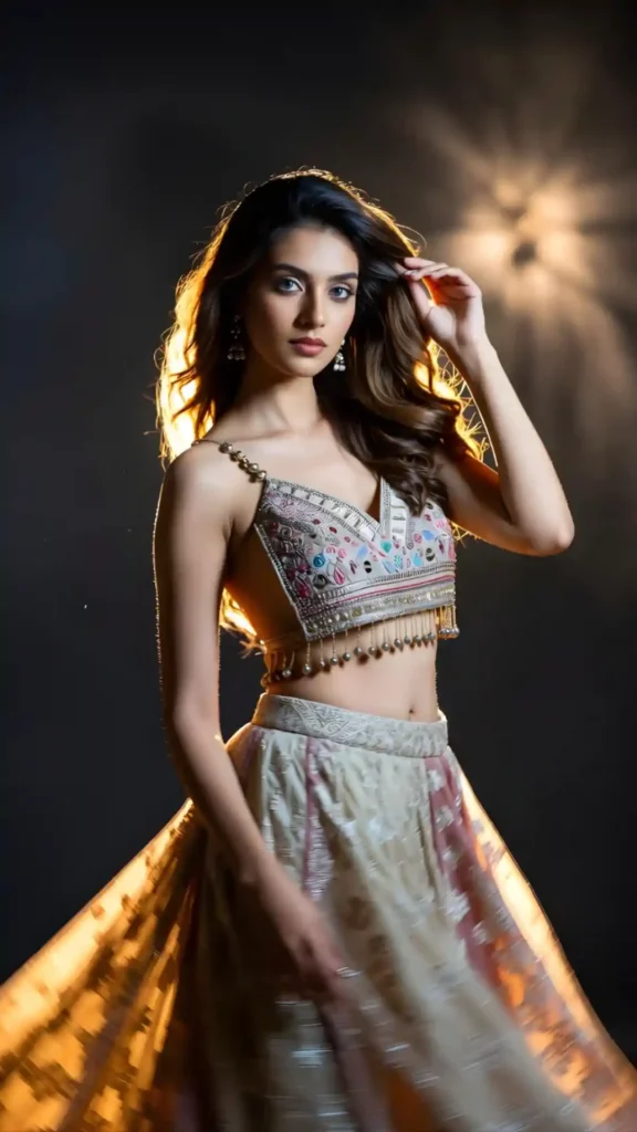 Hyper-realistic AI-generated woman wearing a detailed embroidered crop top and lehenga skirt, showcasing the high-fidelity text-to-image capabilities of Google Gemini Pro 3 and Nano Banana.