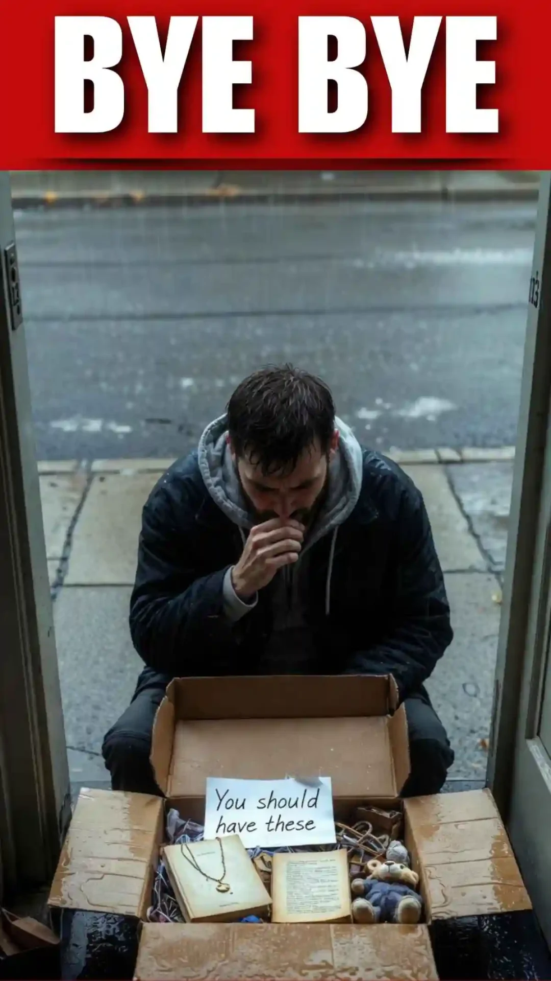 A man slumps against a doorframe, covering his face after kicking a box of returned gifts in the rain, a dark mood finality. This pose is generated by a powerful sad boy ai prompt.