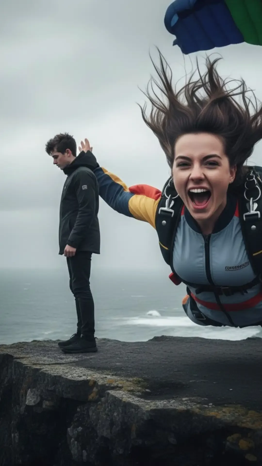 Double exposure prompt of a sad boy on a cliff edge merged with a girl joyfully skydiving, representing different kinds of falling.