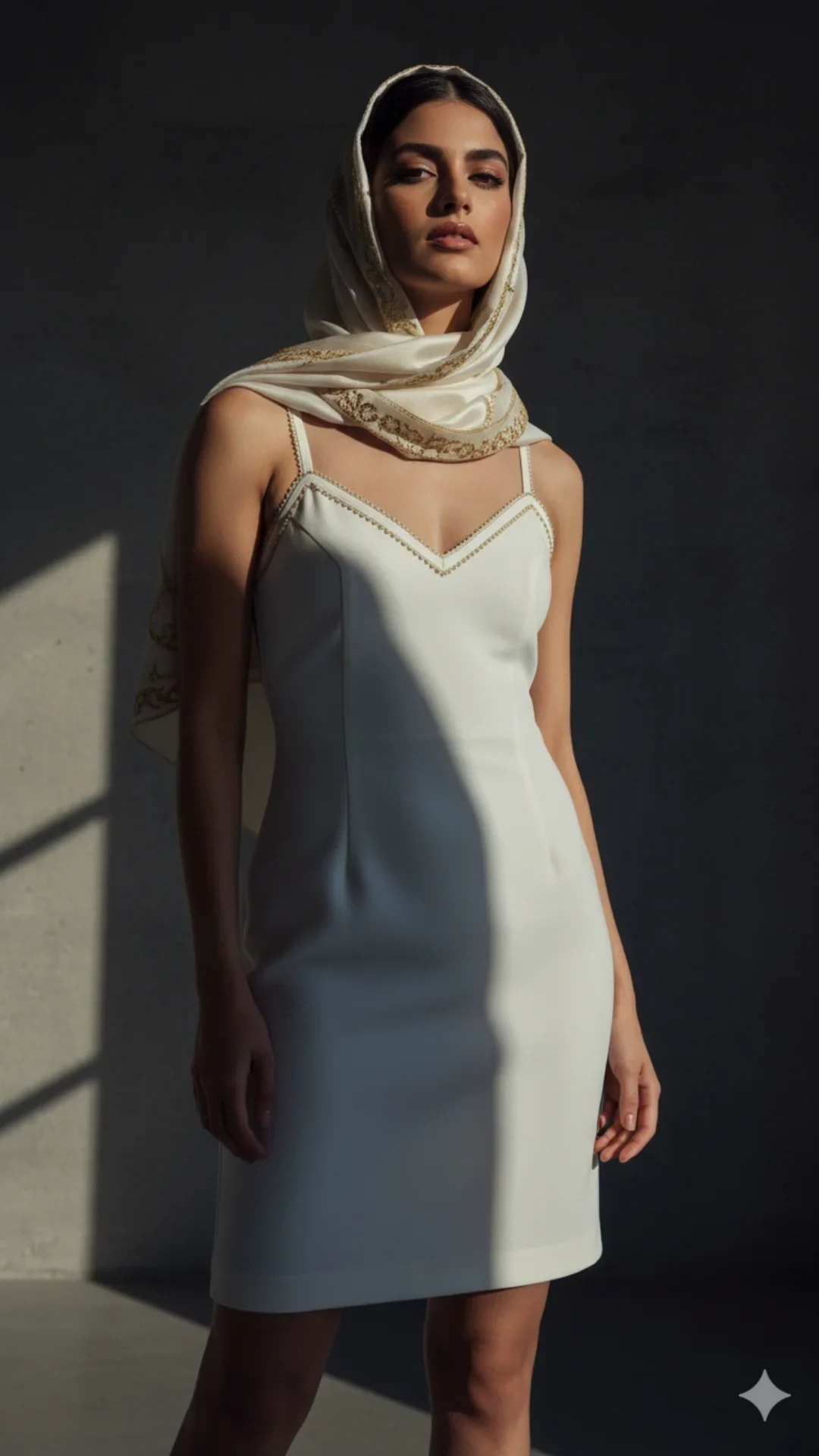 Powerful Arabic Girl Fashion using Google Gemini AI Photo Editing Prompts. An Arabian model in a gold-trimmed hijab and white structured short middy Slip Dress, shot from a belly-height angle for a strong stance.