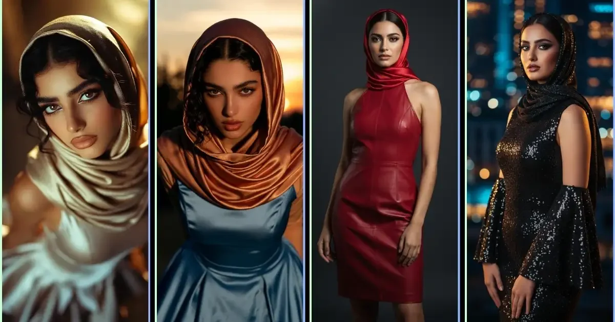 Muslim Fashion Editorial Gemini prompt for bold Arabian look: low-angle sunset shot with intense back-lighting and chiaroscuro shadows.