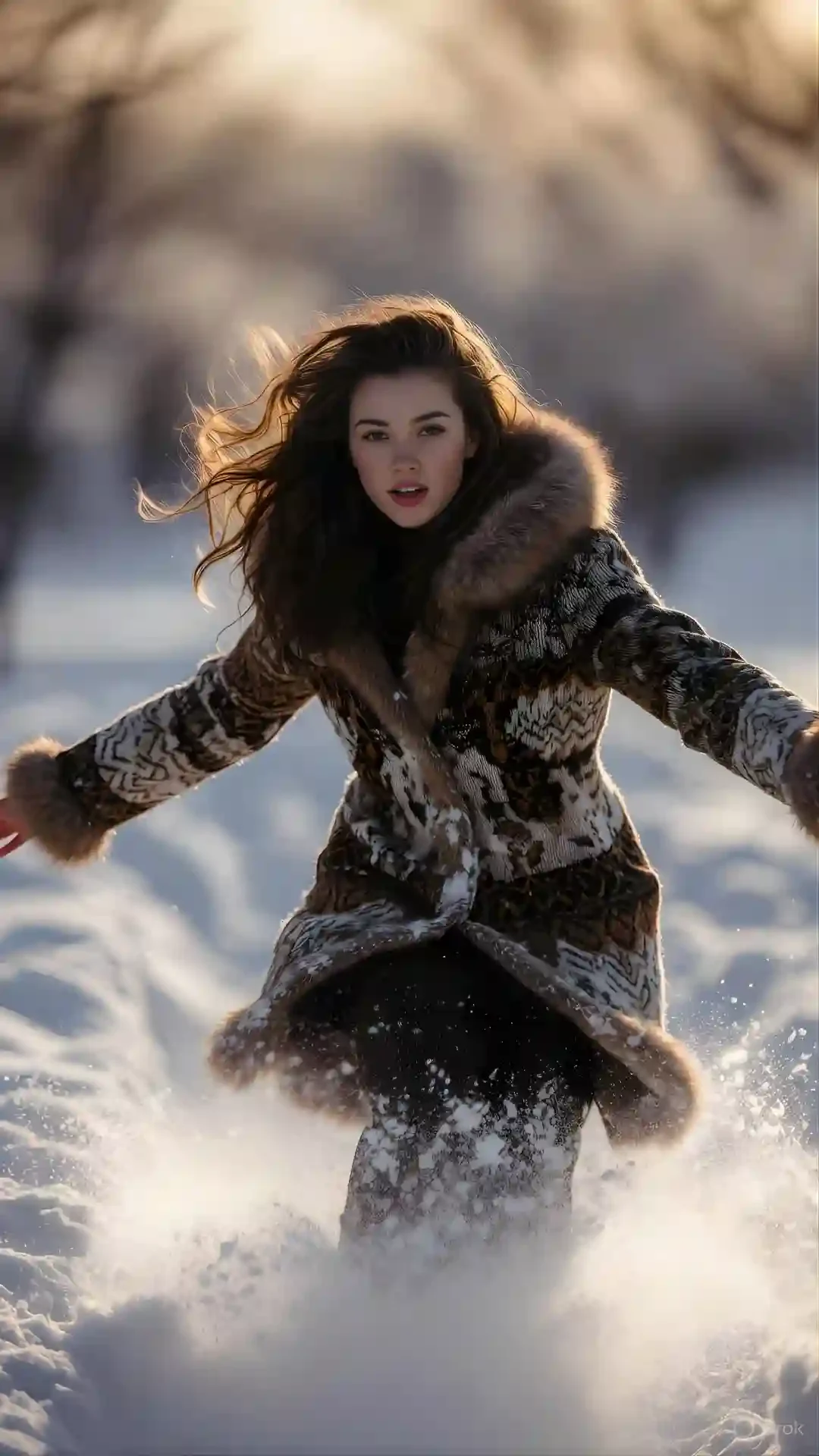 Ultra-realistic action shot generated by copy paste Google Gemini AI Photo Editing prompts showing a snow sprint with subtle motion blur photography and golden glow skin effect.