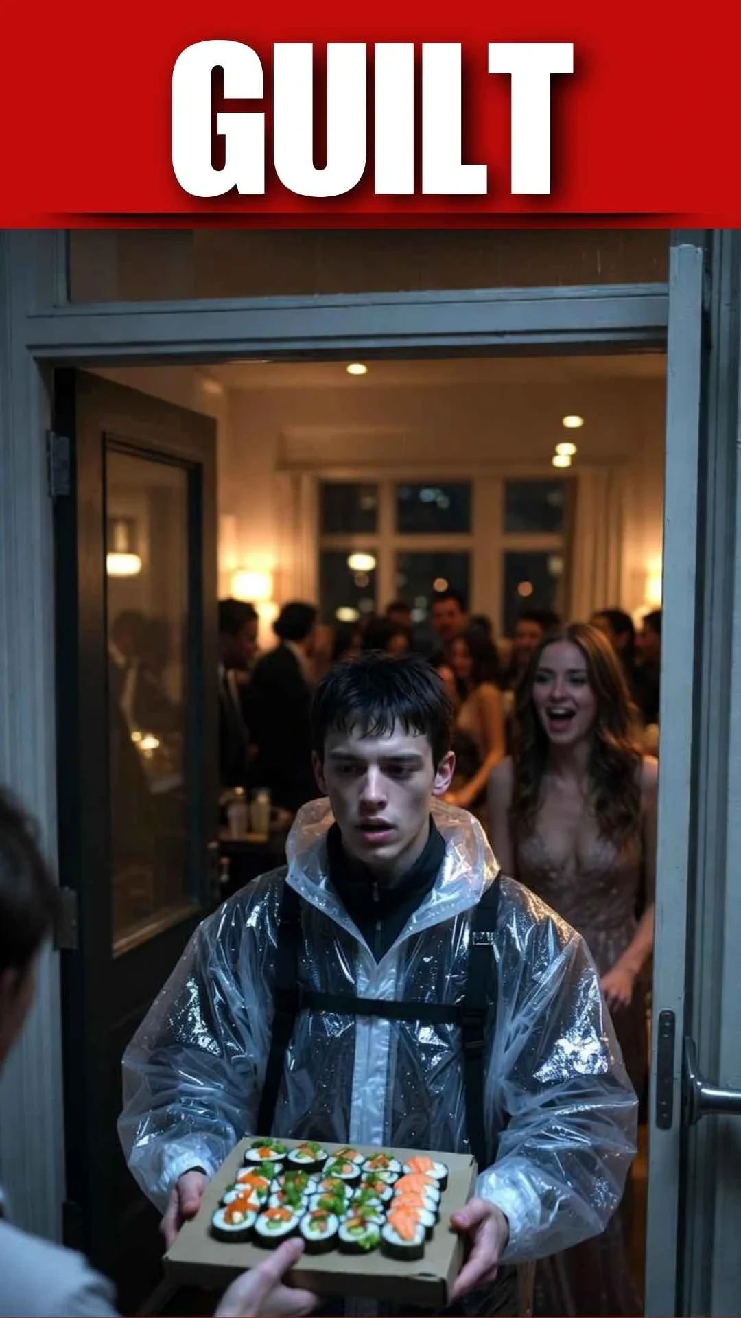 A humiliated man in a delivery uniform sees his ex-girlfriend at a party, a painful love failure moment captured in this sad boy photo prompt. This image uses a high-detail sad boy ai prompt to achieve stunning love failure boy images hd 4k quality, ideal for a cinematic love failure boy dp prompt result.