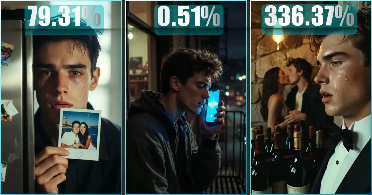 A triptych showing a boy with a photo, a boy on a fire escape with a phone, and a boy witnessing a kiss in a wine cellar. This is a collection of photorealistic sad boy photo prompt results, capturing betrayal love failure boy images hd 4k and deep boy heartbreak.