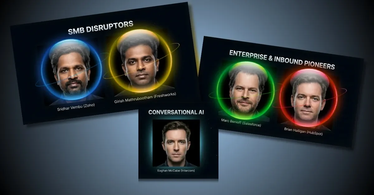 A collage of the five titans of innovative automation: Sridhar Vembu, Marc Benioff, Girish Mathrubootham, Brian Halligan, and Eoghan McCabe