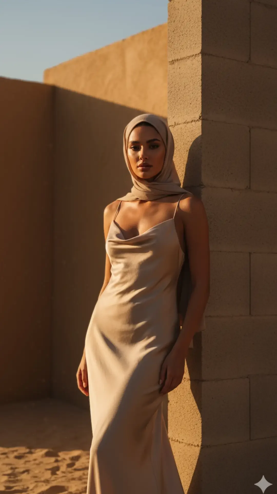 Google Gemini AI Photo Editing Prompts for Hijab Fashion Girls, featuring a radiant Arabic Girl in a neutral-toned slip dress and hijab against minimalist desert architecture.