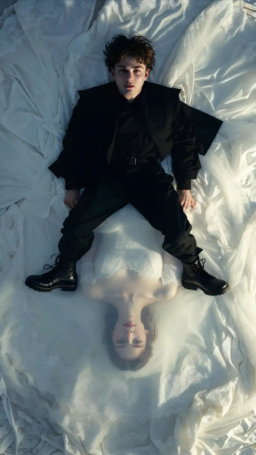 Use this powerful Gemini Prompt for a tragic Cinematic Photo Prompt, showing ultimate defeat on wedding fabric, perfect for emotional Love Failure Photos wallpaper.
