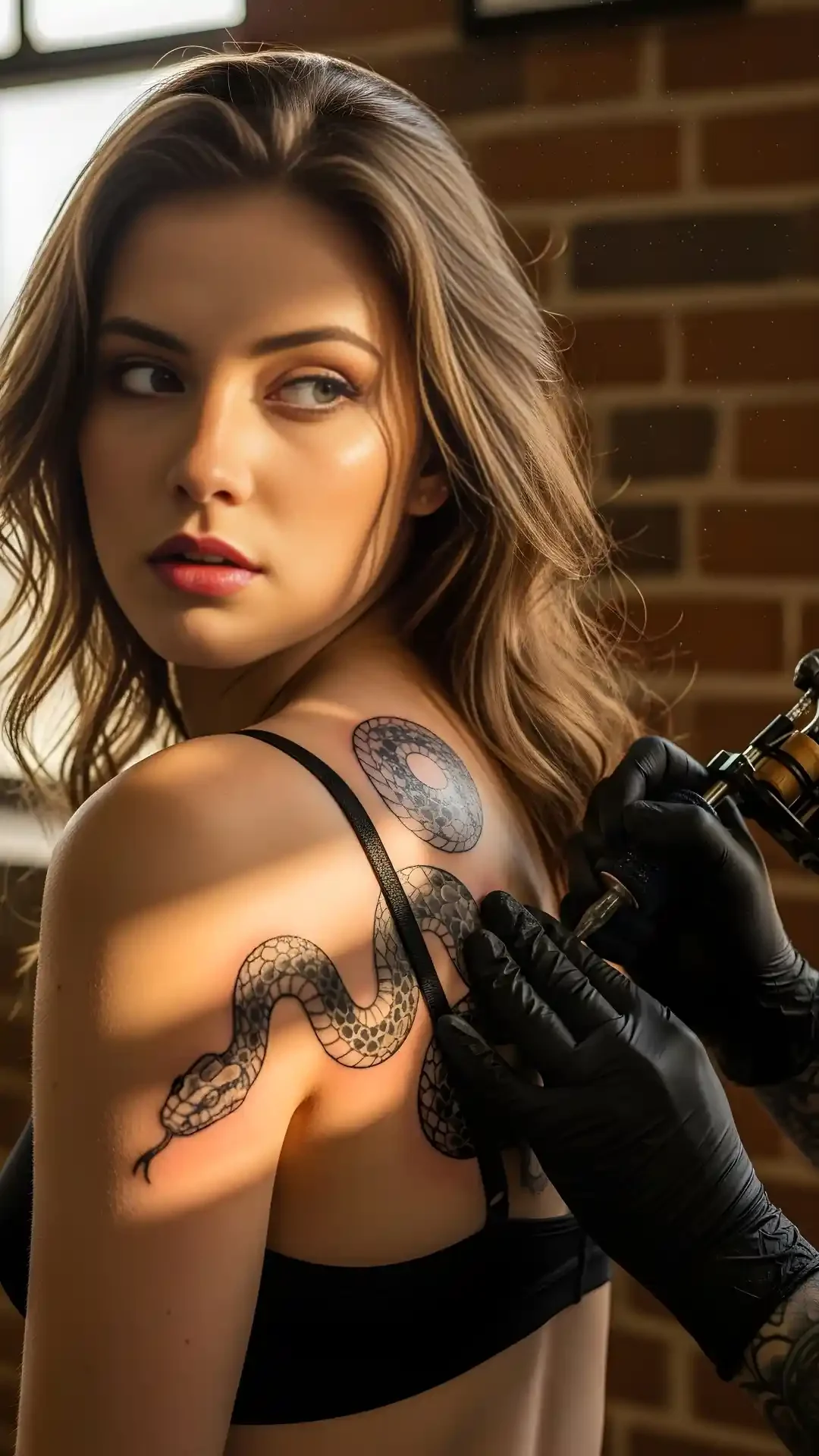 Black-and-grey snake tattoo portrait, shot with an 85mm lens, created using a detailed Google Gemini AI Photo Editing Prompts formula.