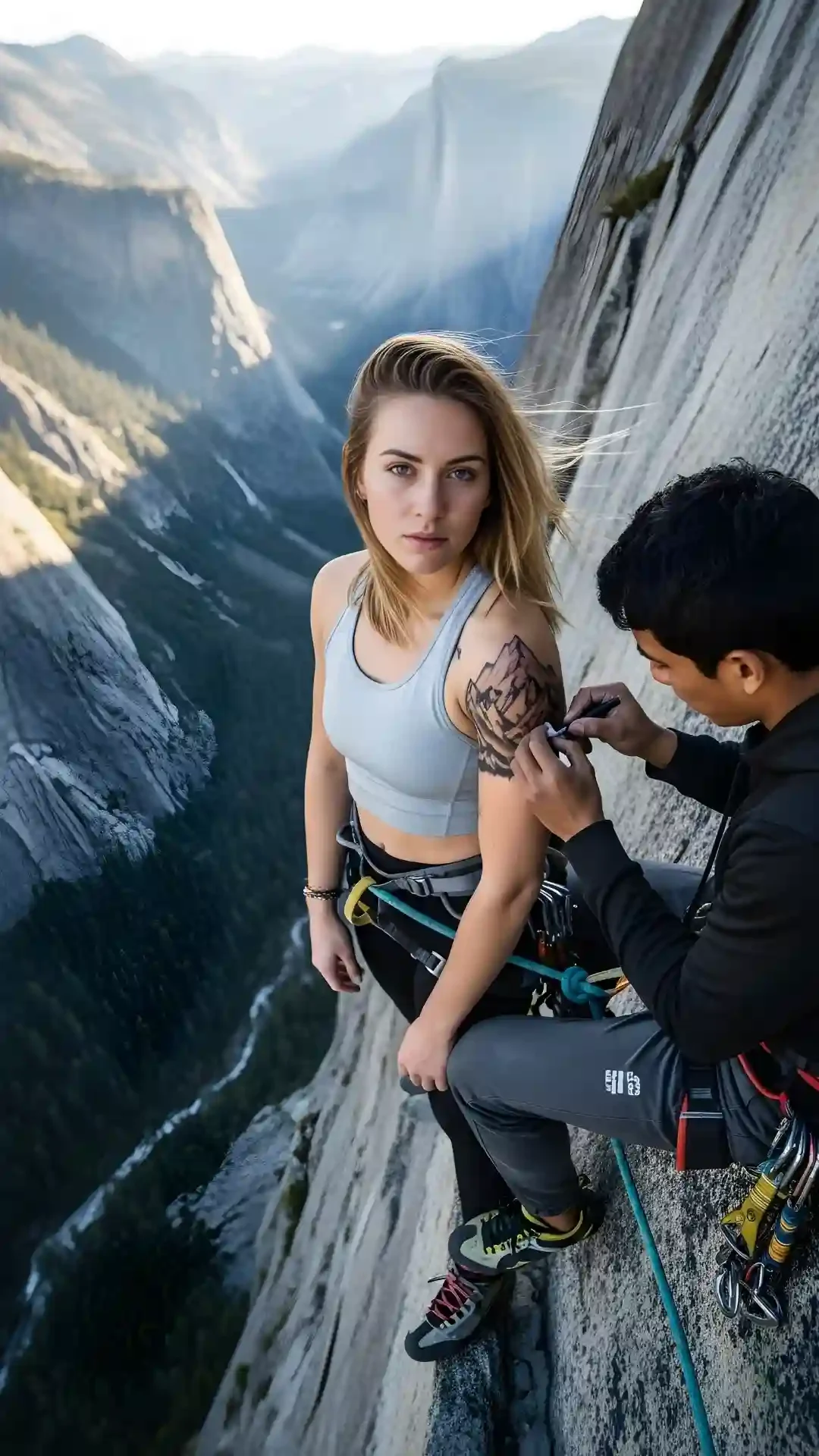 Vertigo-inducing mountain cliffside portrait featuring a fierce gaze and a majestic mountain-range tattoo, from the Gemini prompt for detailed back tattoo design list.